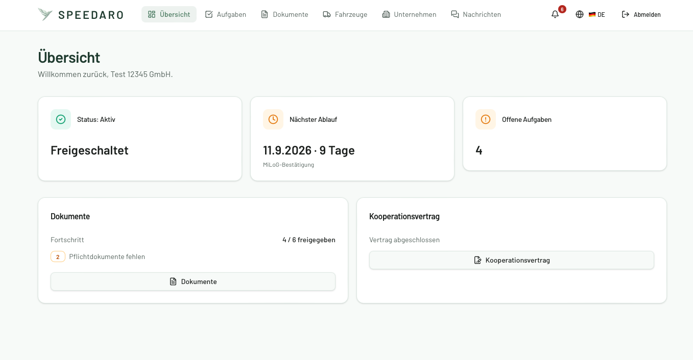 Screenshot des Speedaro Systempartner-Portals